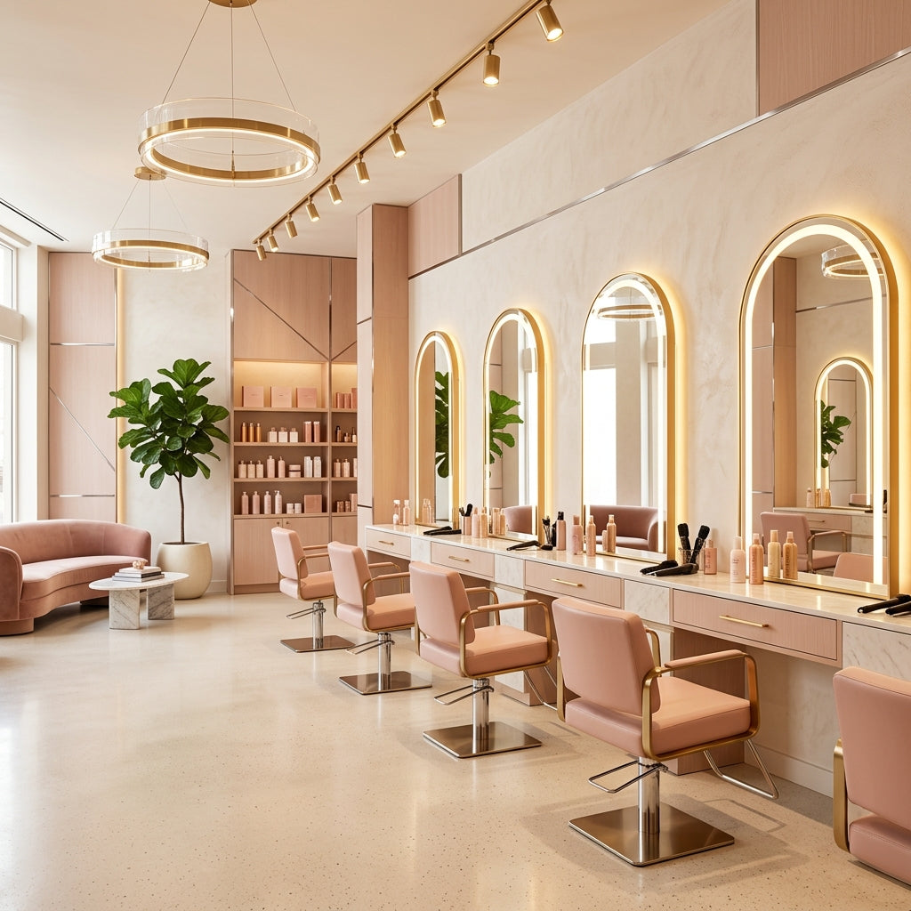 Elegant modern hair salon with blush styling chairs and gold arched LED mirrors