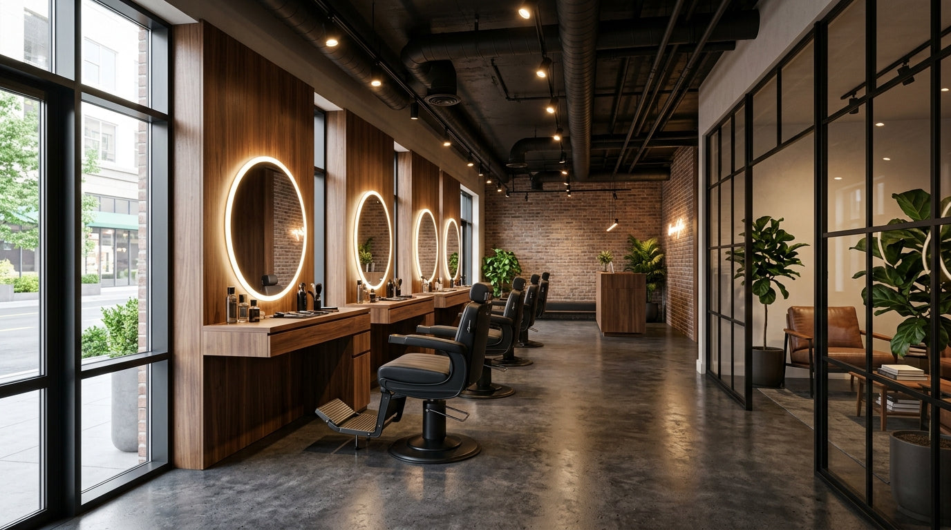 Modern barbershop interior with black barber chairs and walnut stations