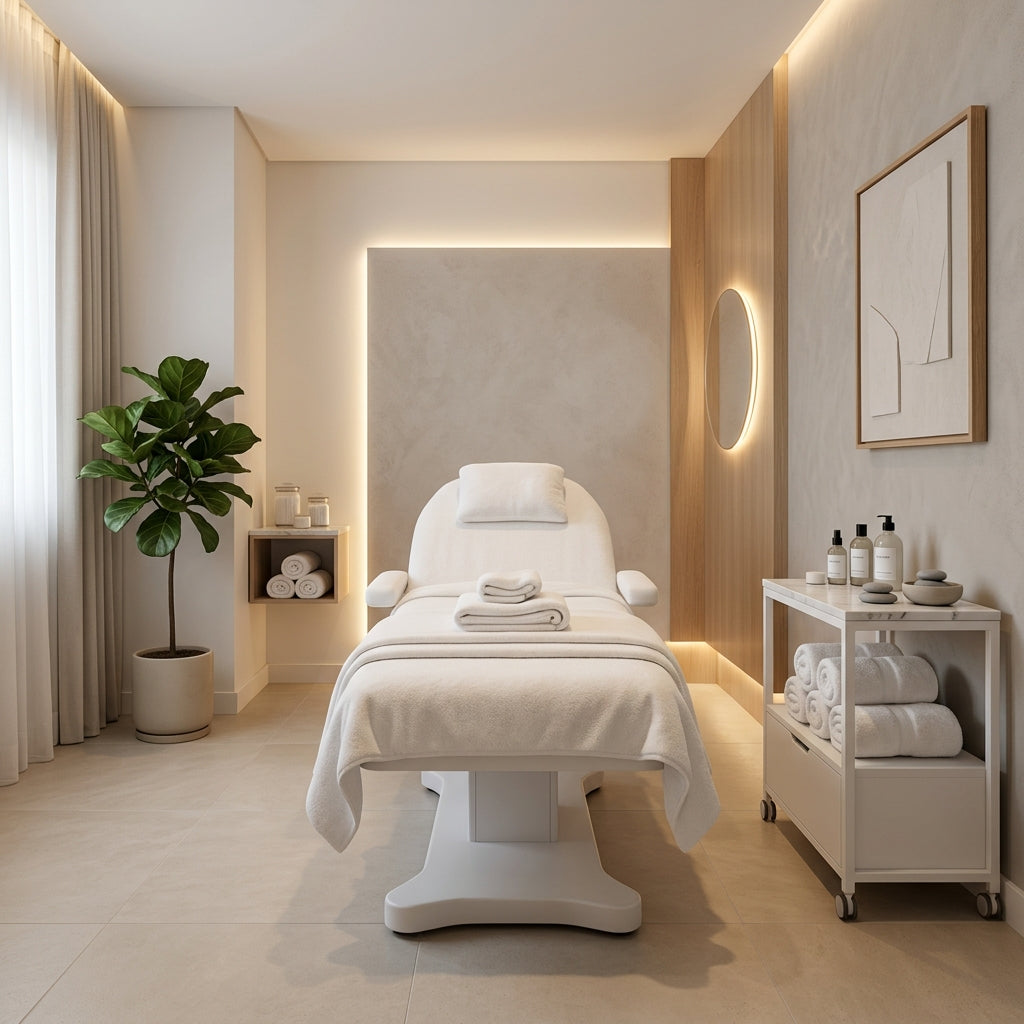 Serene med spa treatment room with white facial bed and warm lighting