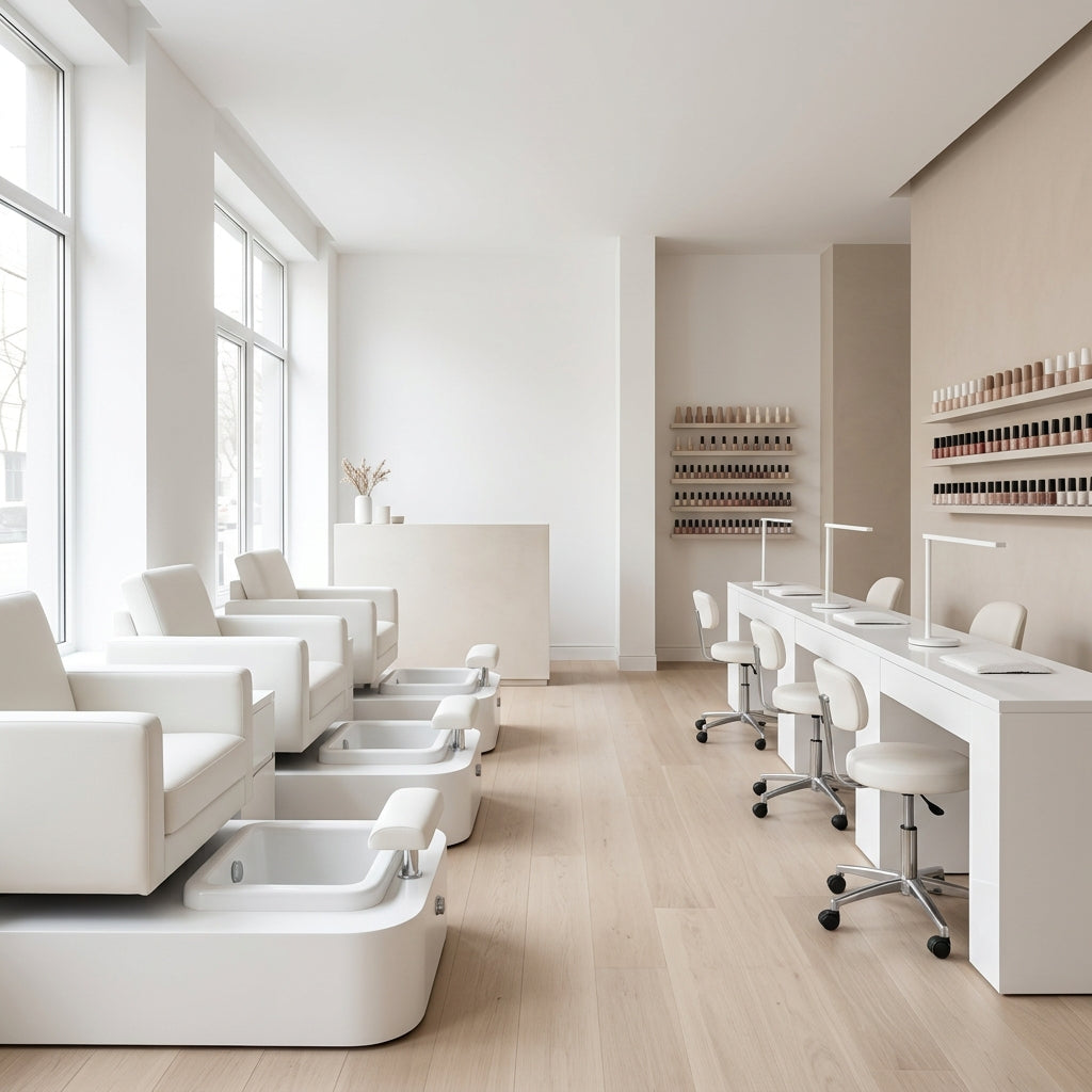 Bright modern nail salon with white pedicure chairs and manicure tables