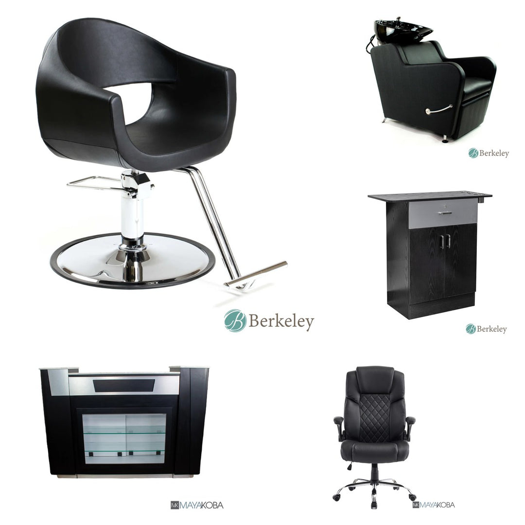 Hair Salon Build-Out Package contents: MILLA styling chair, STANLEY shampoo unit, CHLOE styling station, SONOMA II reception table, GENESIS customer chair