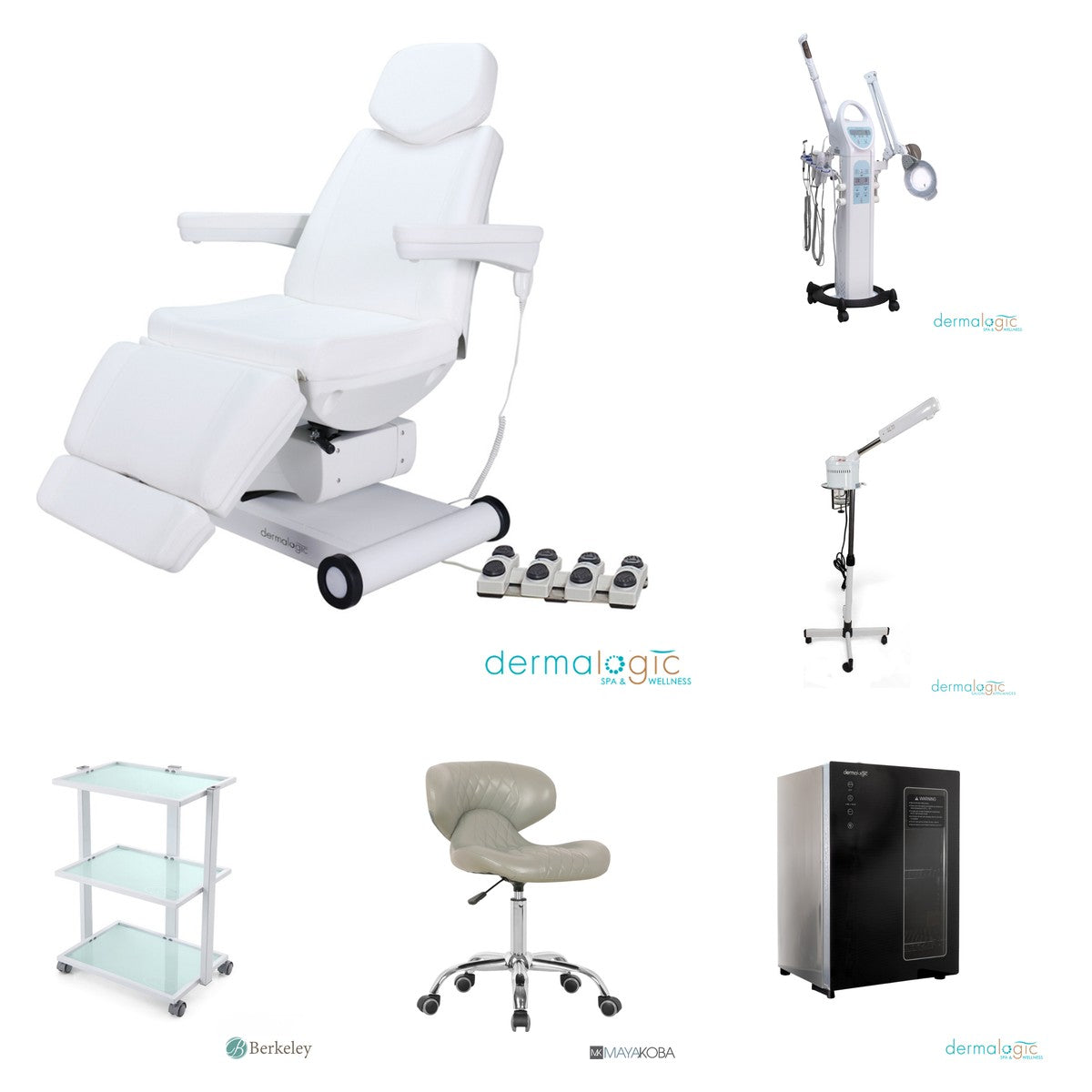 Med Spa Build-Out Package contents: Modena electric treatment table, IRVING II facial machine, PLANO facial steamer, EVA trolley cart, HUGO technician stool, DERMALOGIC 60L UV sterilizer