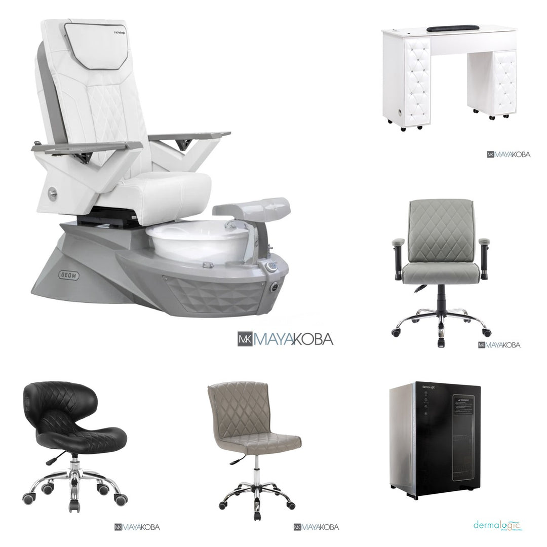 Nail Salon Build-Out Package contents: GEOM I pedicure spa, DREXEL tufted manicure table, DELIA client chair and technician stool, HUGO pedicure stool, DERMALOGIC 60L UV sterilizer