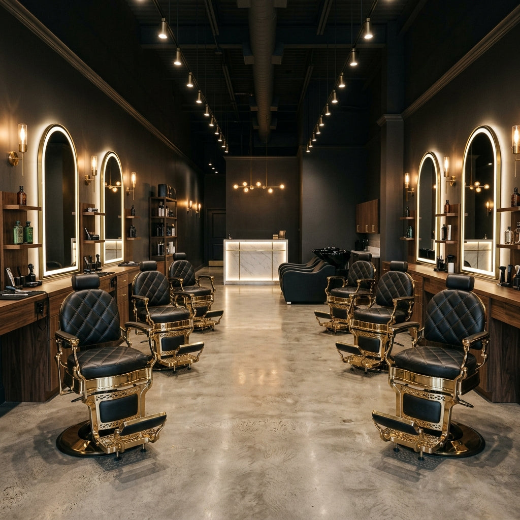 Premium 8-station barbershop build-out — eight gold vintage barber chairs with diamond-stitched upholstery, arched gold LED mirrors and illuminated reception desk
