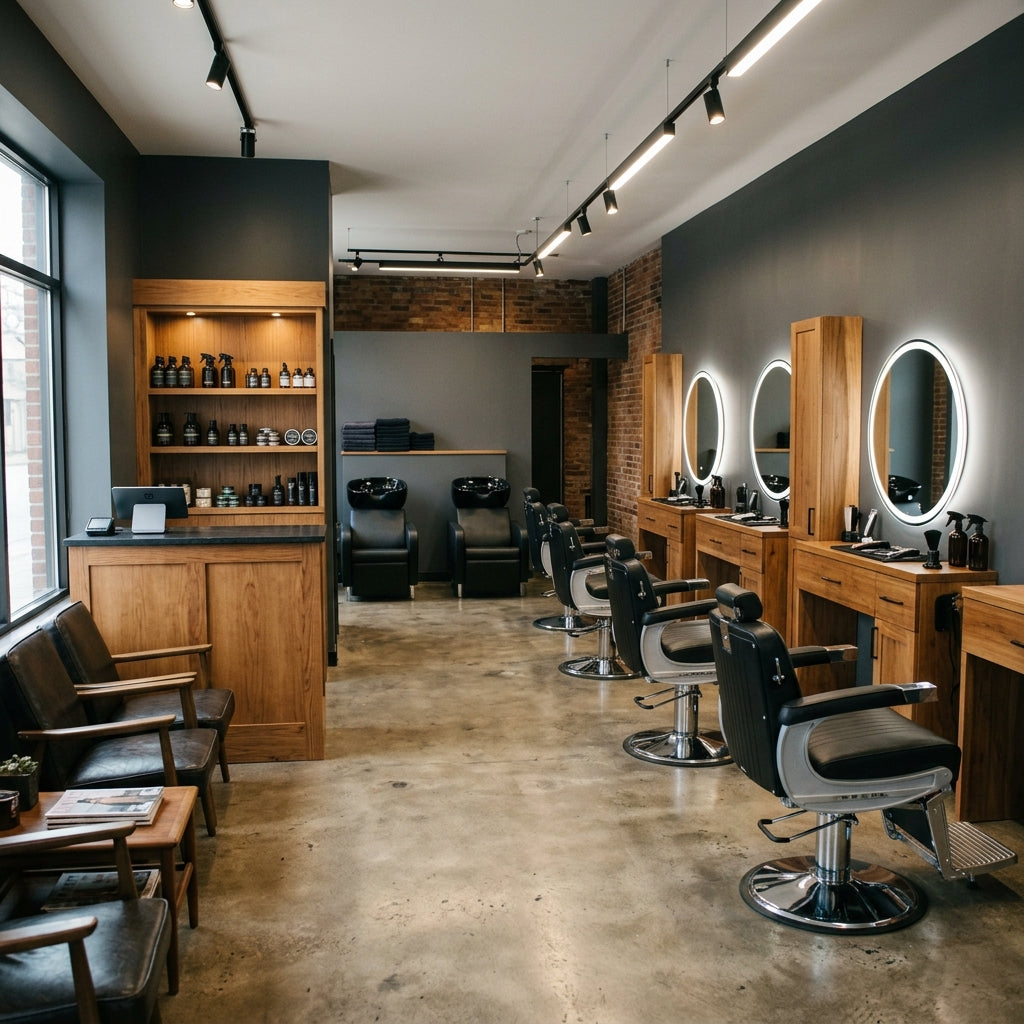 Pro 6-station barbershop build-out — six barber chairs with LED mirror stations, double backwash, reception desk with retail display and waiting area