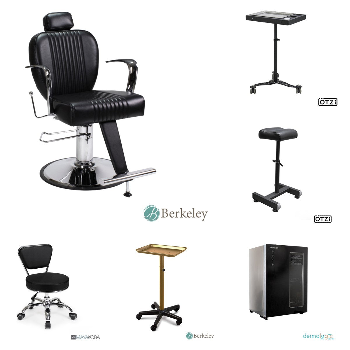 Tattoo Studio Build-Out Package contents: AUSTEN all-purpose client chair, AKASHA tattoo tray, AURA tattoo armrest, DAYTON rolling stool, TRELAVI rolling tray, DERMALOGIC 60L UV sterilizer