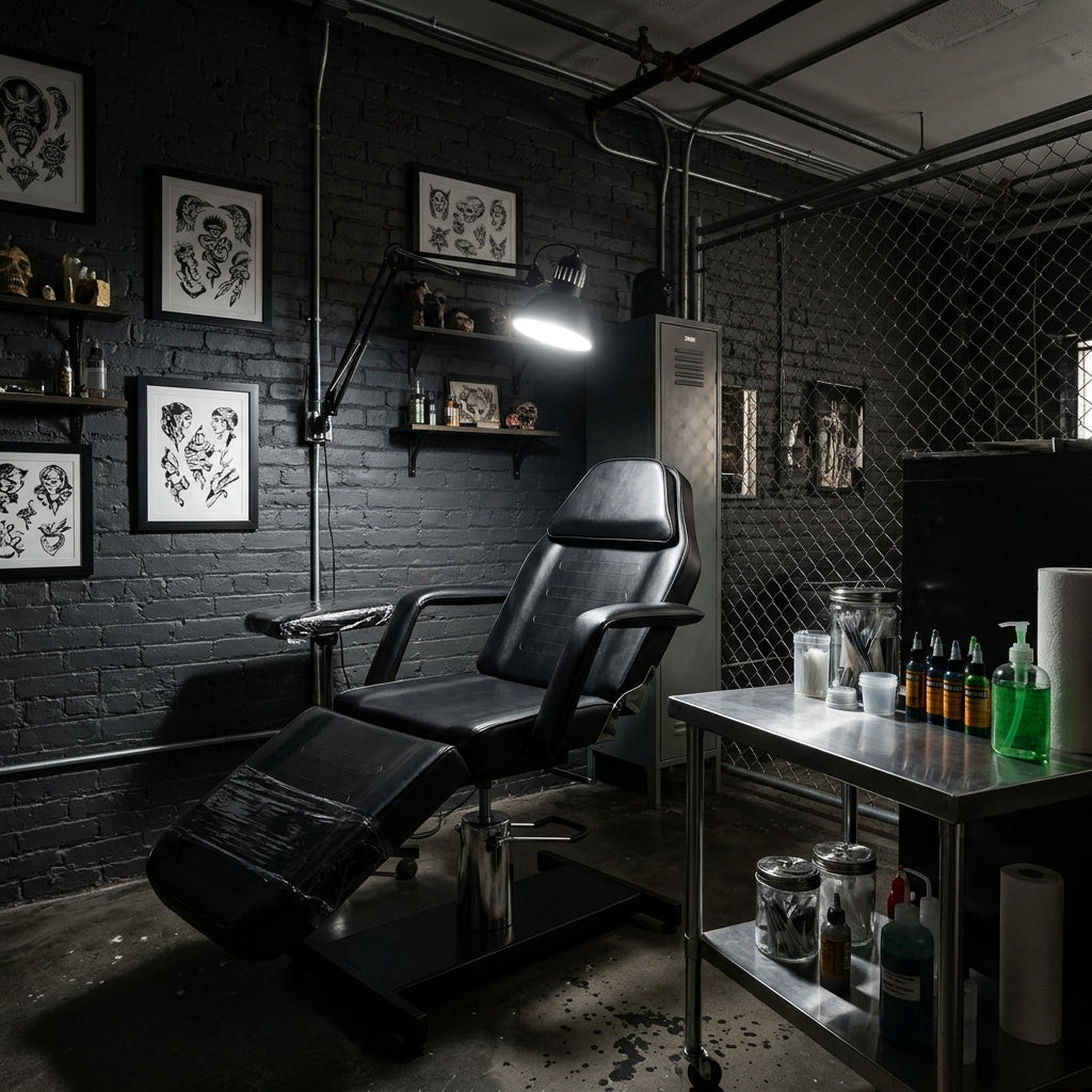 Moody black brick tattoo studio with adjustable client chair and flash art